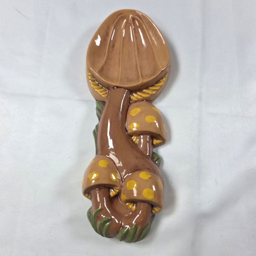 Vintage 1986 Ceramic Mushroom Spoon Rest Wall Hanging Brown Yellow Toadstool